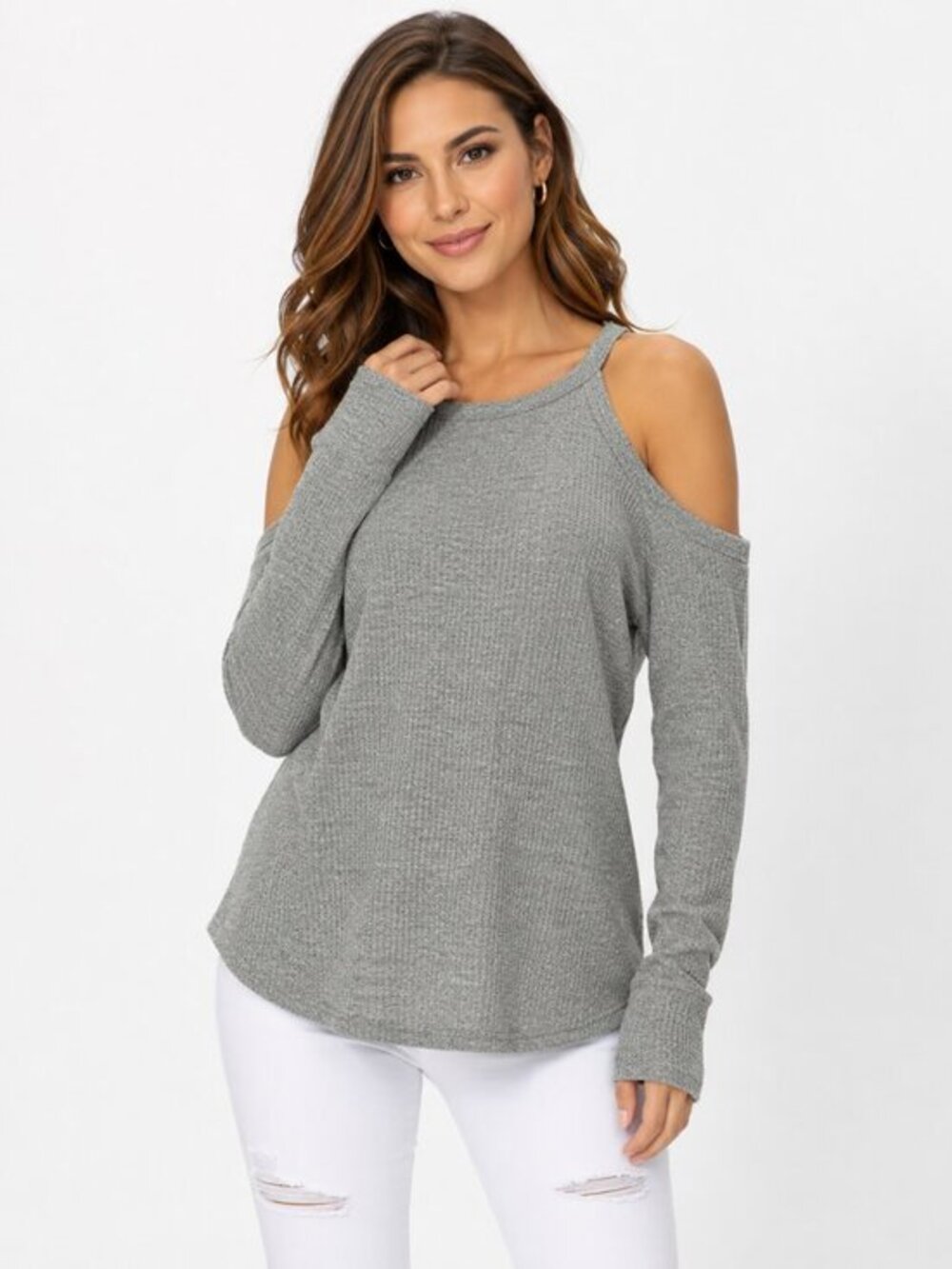 Gray Cold Shoulder Tunic Sweater Long Sleeve Relaxed Fit
